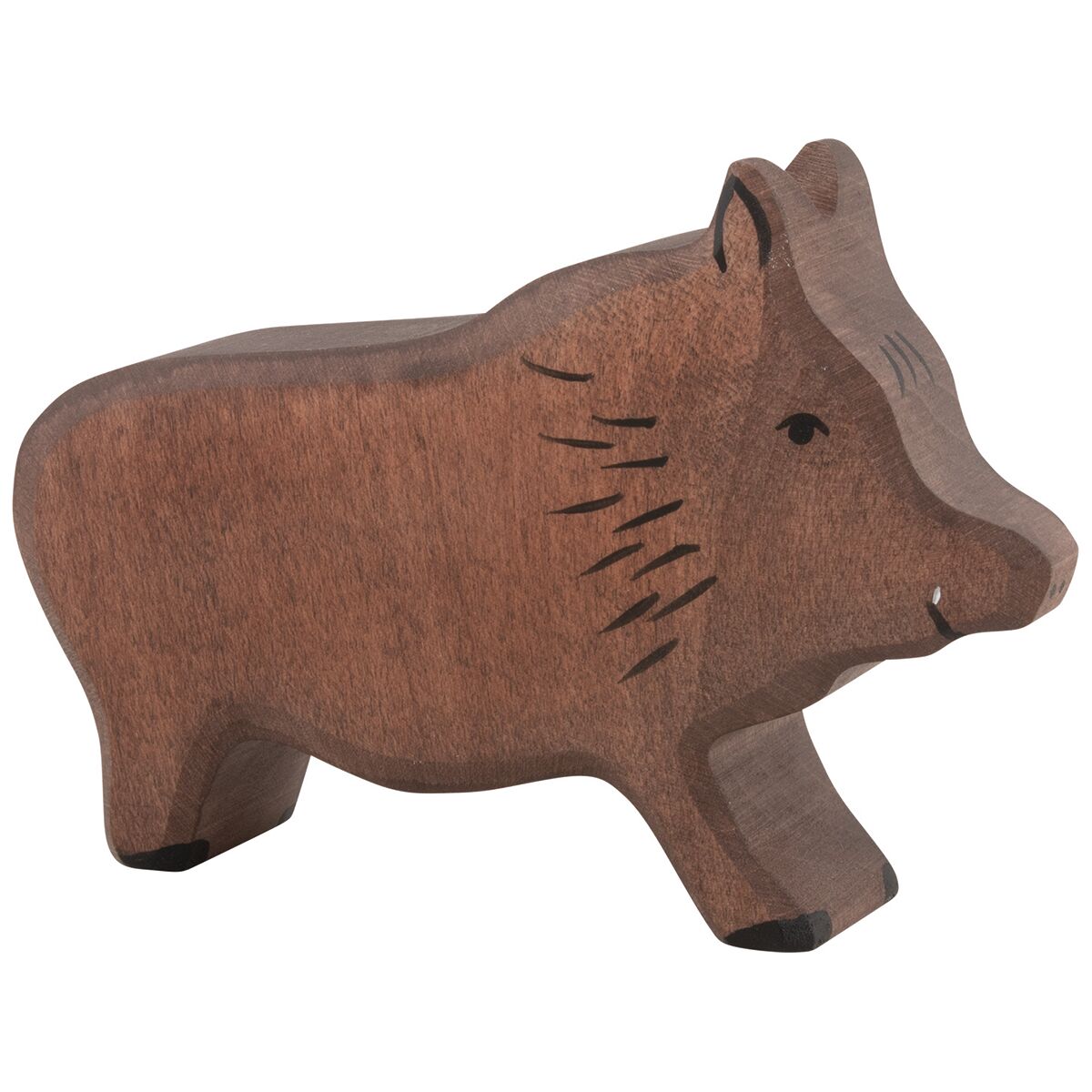 Handgeschnitztes Wildschwein aus Holz als Teil eines Waldtiere-Sets, naturgetreu bemalt mit braunen und schwarzen Farbtönen, ideal als nachhaltiges Spielzeug oder Dekoration für Kinder und Tierliebhaber.