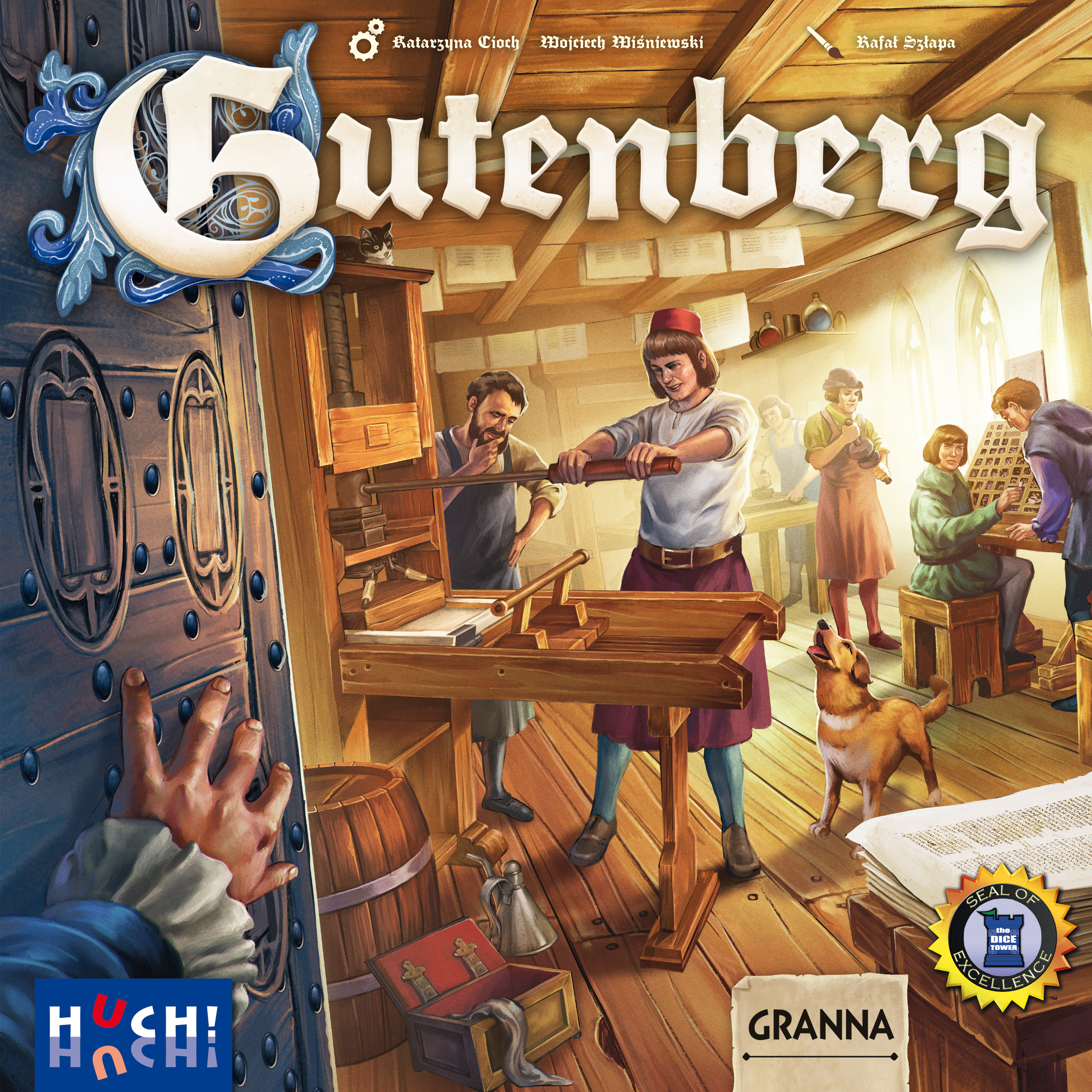 Das Bild zeigt das Brettspiel »Gutenberg«. Auf der Verpackung sind Menschen in historischer Kleidung zu sehen, die in einer mittelalterlichen Werkstatt an einer Druckerpresse arbeiten. Im Vordergrund hält eine Hand eine Tür auf. Es herrscht eine lebendige Atmosphäre mit verschiedenen Arbeitsstationen, und ein Hund ist zu sehen. Die Farben der Illustration sind warm und einladend, der Titel »Gutenberg« ist in großen Buchstaben am oberen Rand abgebildet.