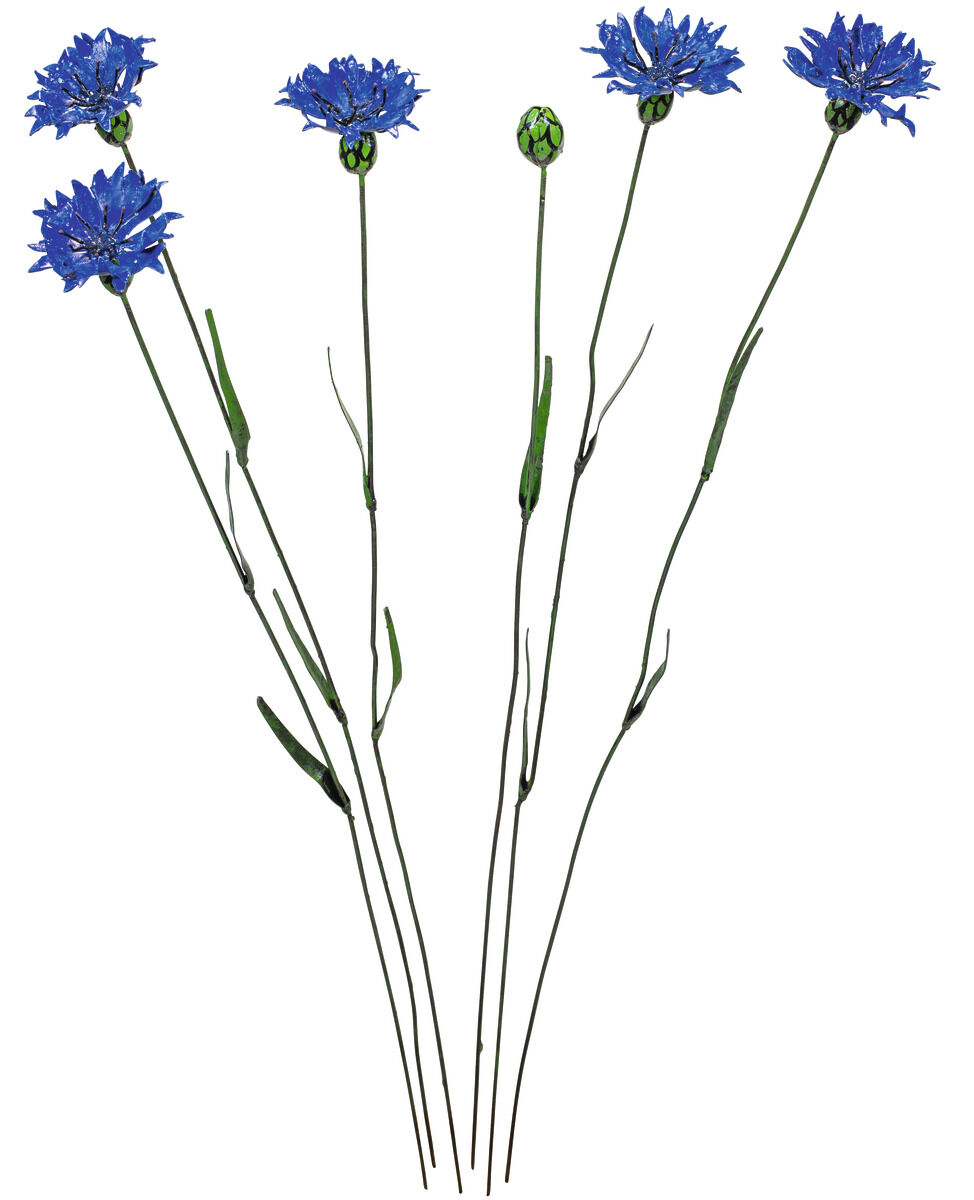 Fünfteiliges Blumensteckerset mit blauen Kornblumenköpfen und grünen Stängeln, geeignet zur Dekoration im Garten.
