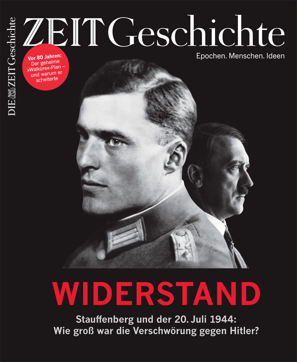 Das Cover der Ausgabe 4/24 von ZEIT Geschichte mit dem Titel 'Widerstand' zeigt ein Porträt von Claus von Stauffenberg in Militäruniform und im Hintergrund eine weitere Person in Profilansicht. Der Hintergrund des Covers ist überwiegend schwarz gehalten, mit der Überschrift 'ZEIT GESCHICHTE' in weißer Schrift. Der Titel 'WIDERSTAND' ist in roter Schrift mittig platziert.