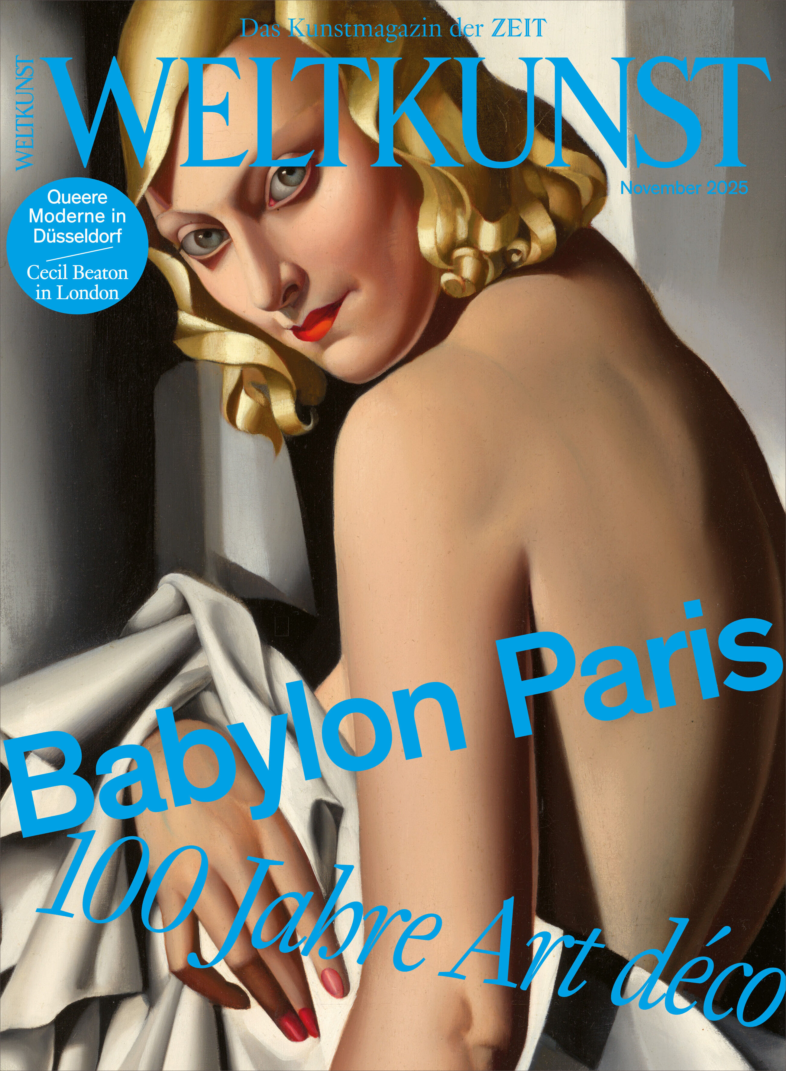 Titelbild der Zeitschrift WELTKUNST, Ausgabe 248/25, mit einer stilisierten Art-déco-Illustration einer elegant wirkenden Frau vor einem gefalteten weißen Stoff. Große blaue Schriftzüge heben die Themen Babylon Paris und 100 Jahre Art déco hervor.