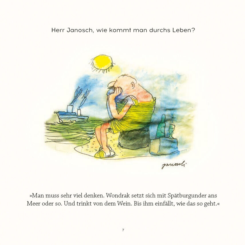 Eine farbenfrohe Illustration zeigt eine nachdenkliche Person, die sich draußen entspannt. Im Hintergrund sind eine Flasche Wein und Gläser zu sehen. Die Person sitzt auf einem grünen Hügel mit einem strahlend blauen Himmel und einer gelben Sonne darüber.