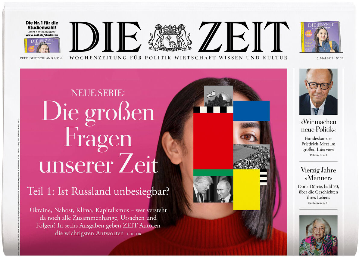Titelseite der Wochenzeitung DIE ZEIT, Ausgabe 20/2025, mit einer farbigen Illustration und dem Titel 'Die großen Fragen unserer Zeit'.