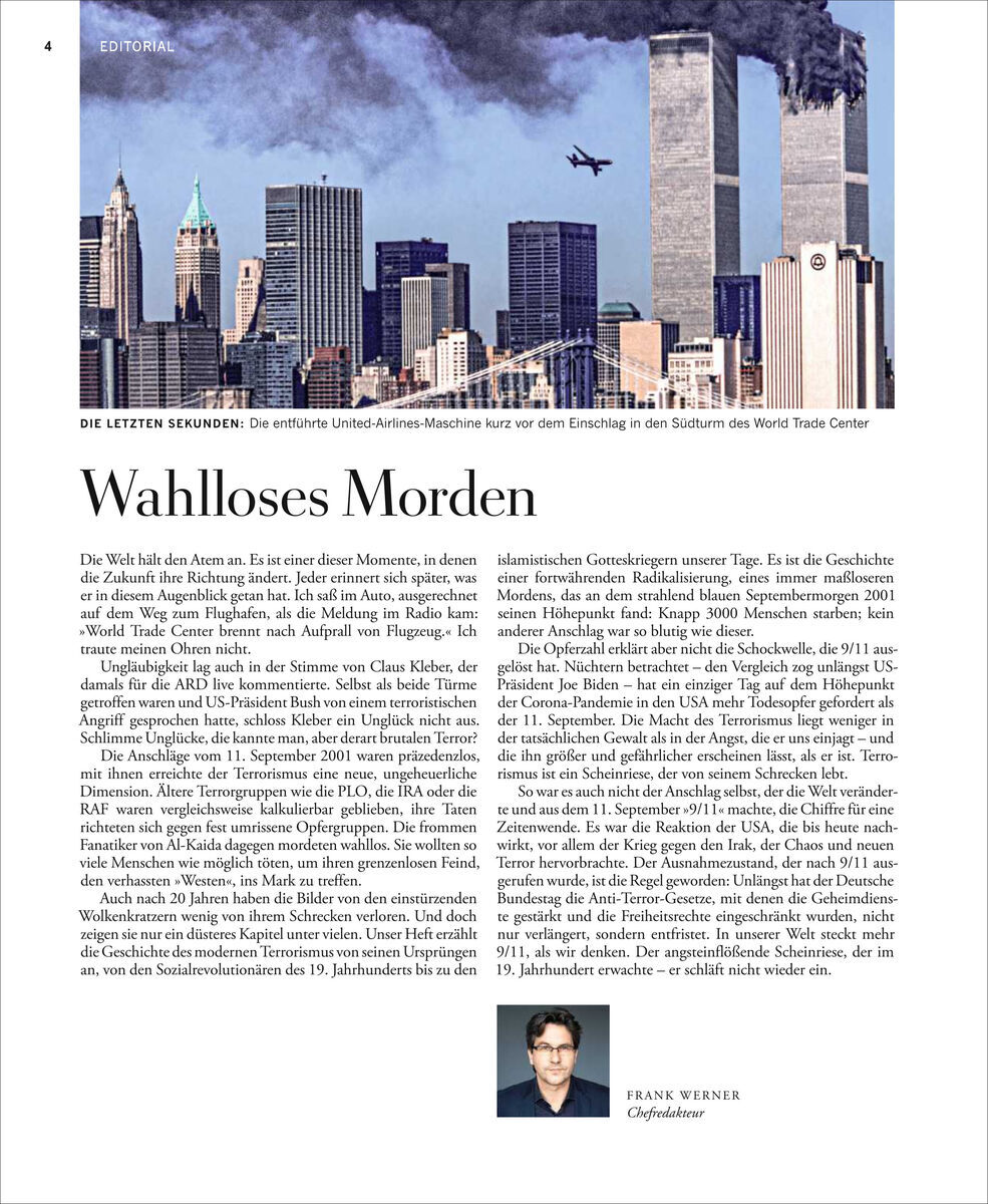 Das Titelbild der Zeitschrift 'ZEIT Geschichte 4/21' zeigt eine Szene des 9/11-Anschlags, bei dem ein Flugzeug auf die Zwillingstürme des World Trade Centers zufliegt. Im Vordergrund befindet sich der Titel 'Wahlloses Morden' sowie ein Editorial-Text von Frank Werner mit einem kleinen Autorenfoto.