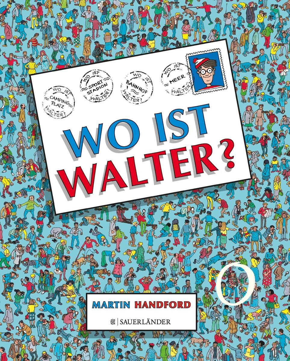 Ein Wimmelbuch mit dem Titel „Wo ist Walter?“ von Martin Handford. Das farbenfrohe Cover zeigt eine Vielzahl von kleinen, detailreichen Figuren und Szenen. Die charakteristischen Farben sind Blau, Rot, Weiß, Gelb und Grün.