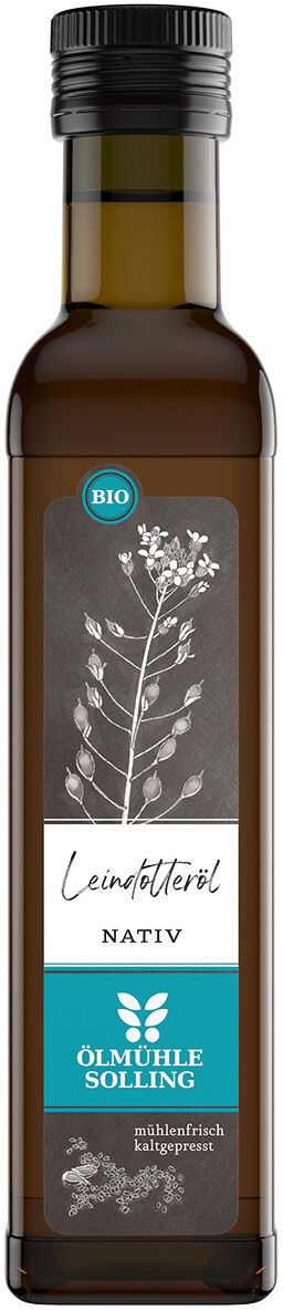 Braune Glasflasche mit weiß-türkisem Etikett der Marke Ölmühle Solling. Die Aufschrift lautet „Leindotteröl nativ BIO“. Das Etikett ziert eine feine, weiße botanische Zeichnung einer Leindotterpflanze. Ideal für bewusste Ernährung und vegane Küche geeignet.