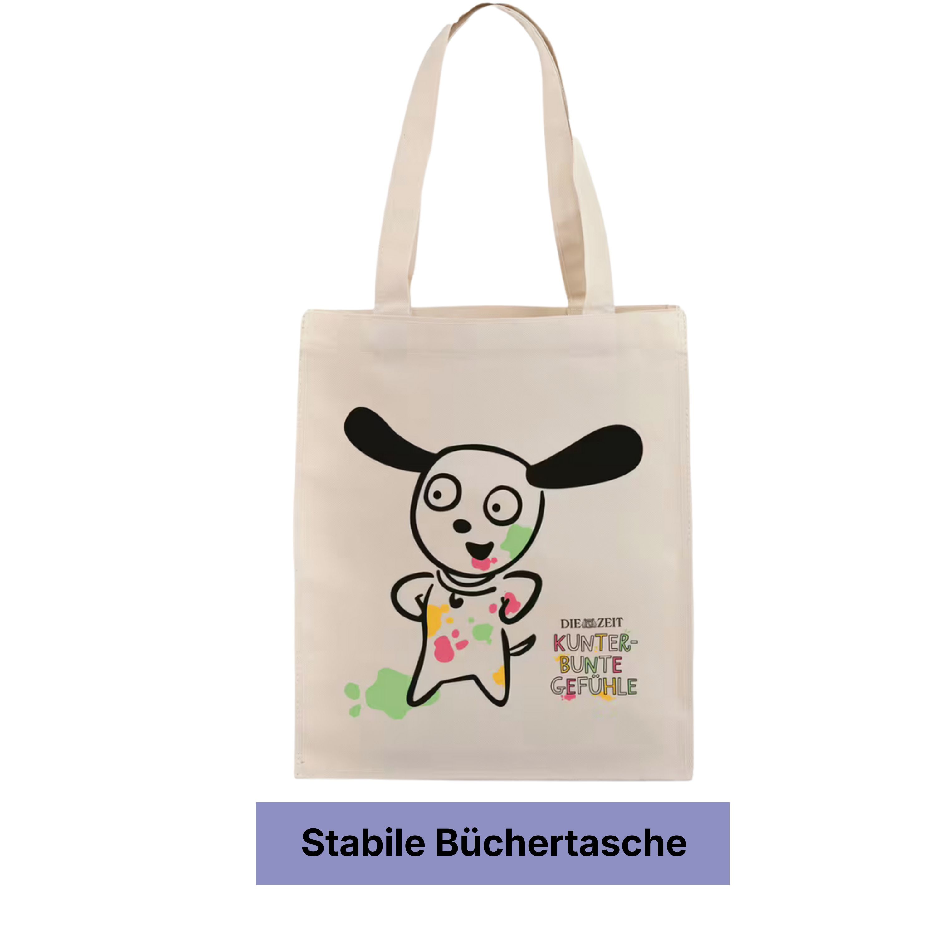 Weiße Baumwolltasche mit langen Henkeln, bedruckt mit einer kindlichen Illustration eines Hundes und bunten Farbtupfern, darunter das Logo der ZEIT-Edition »Kunterbunte Gefühle«. Darunter Textfeld mit Aufschrift „Stabile Büchertasche“.