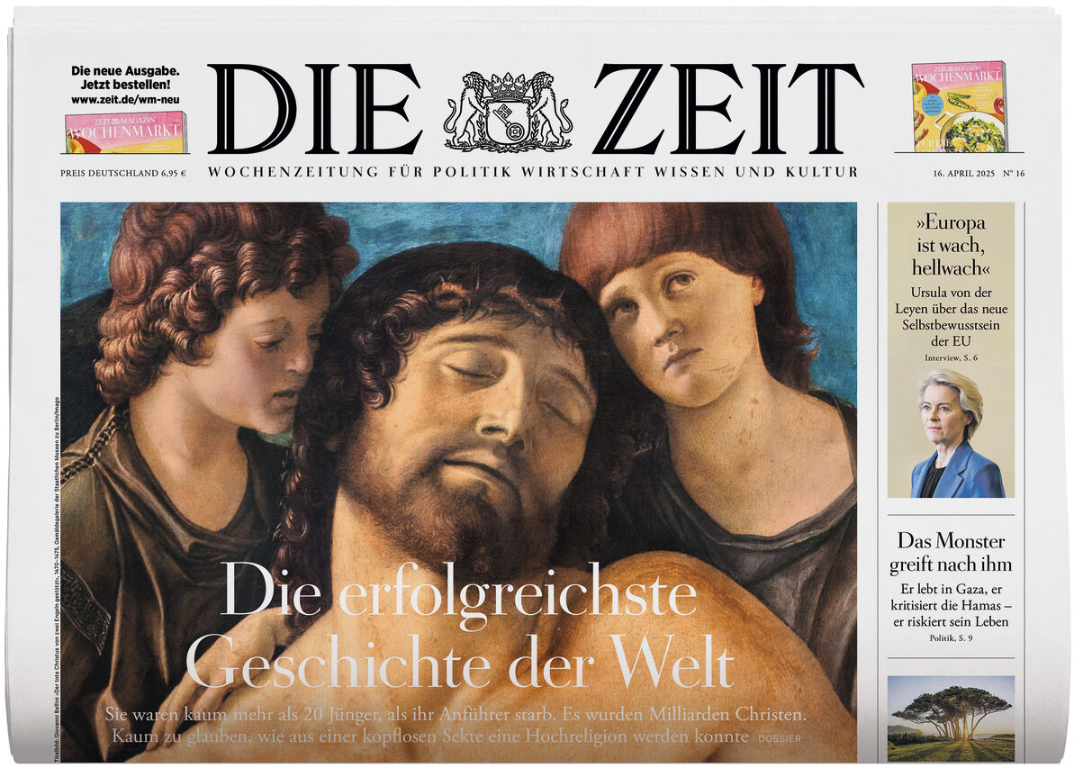 Titelseite der Zeitung DIE ZEIT 16/2025, mit einem Coverbild eines Kunstwerks von Jesus im Zentrum, begleitet von zwei anderen Figuren. Enthält auch Schlagzeilen und zusätzliche Artikel auf der rechten Seite.