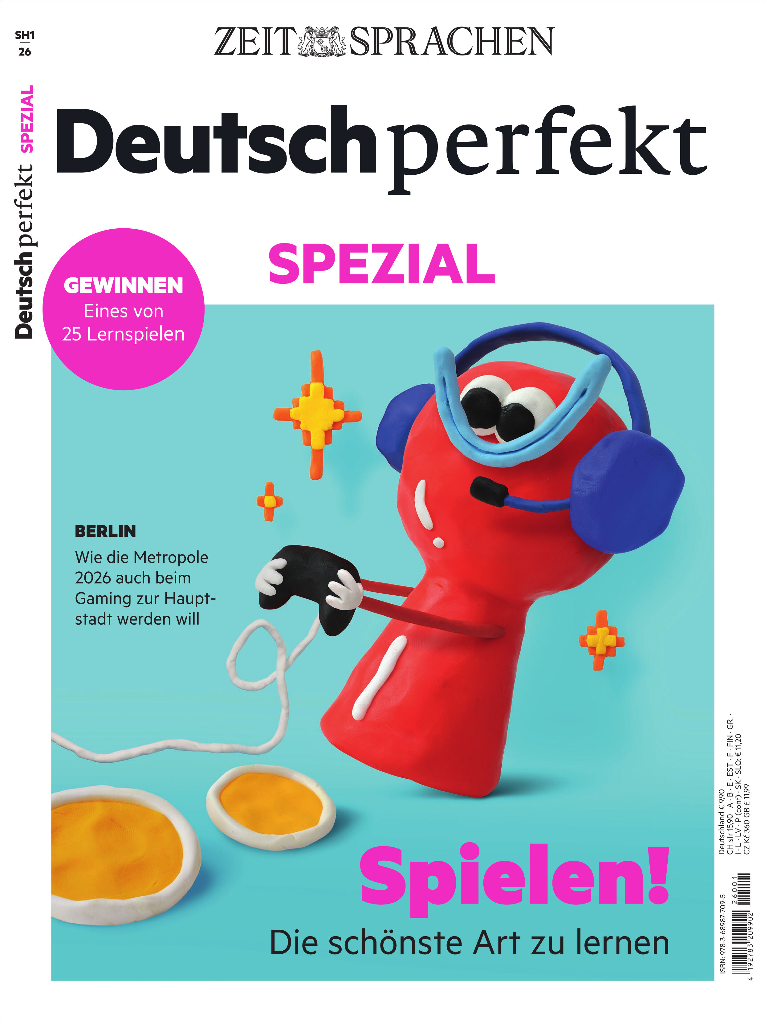 Magazincover des "Deutsch perfekt Spezial" von Spotlight Verlag, hell gestaltet mit einem roten, cartoonartigen Charakter aus Knete, der große Kopfhörer trägt und mit einem orange-weißen Joystick spielt. Goldene Pixelmünzen schweben umher. Titelthema: "Spielen! Die schönste Art zu lernen".
