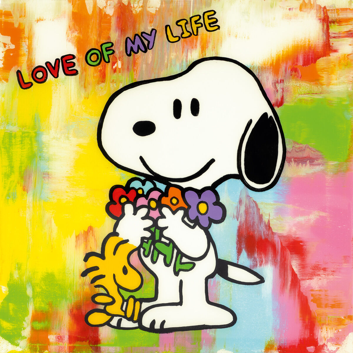 Das farbenfrohe Bild "LOVE OF MY LIFE - FLOWERS" von Michael Pfannschmidt zeigt Snoopy, der lächelnd violette und rote Blumen hält, daneben Woodstock. Im Hintergrund verlaufen leuchtende Farben abstrakt. Oben steht der Titel in bunten Buchstaben.