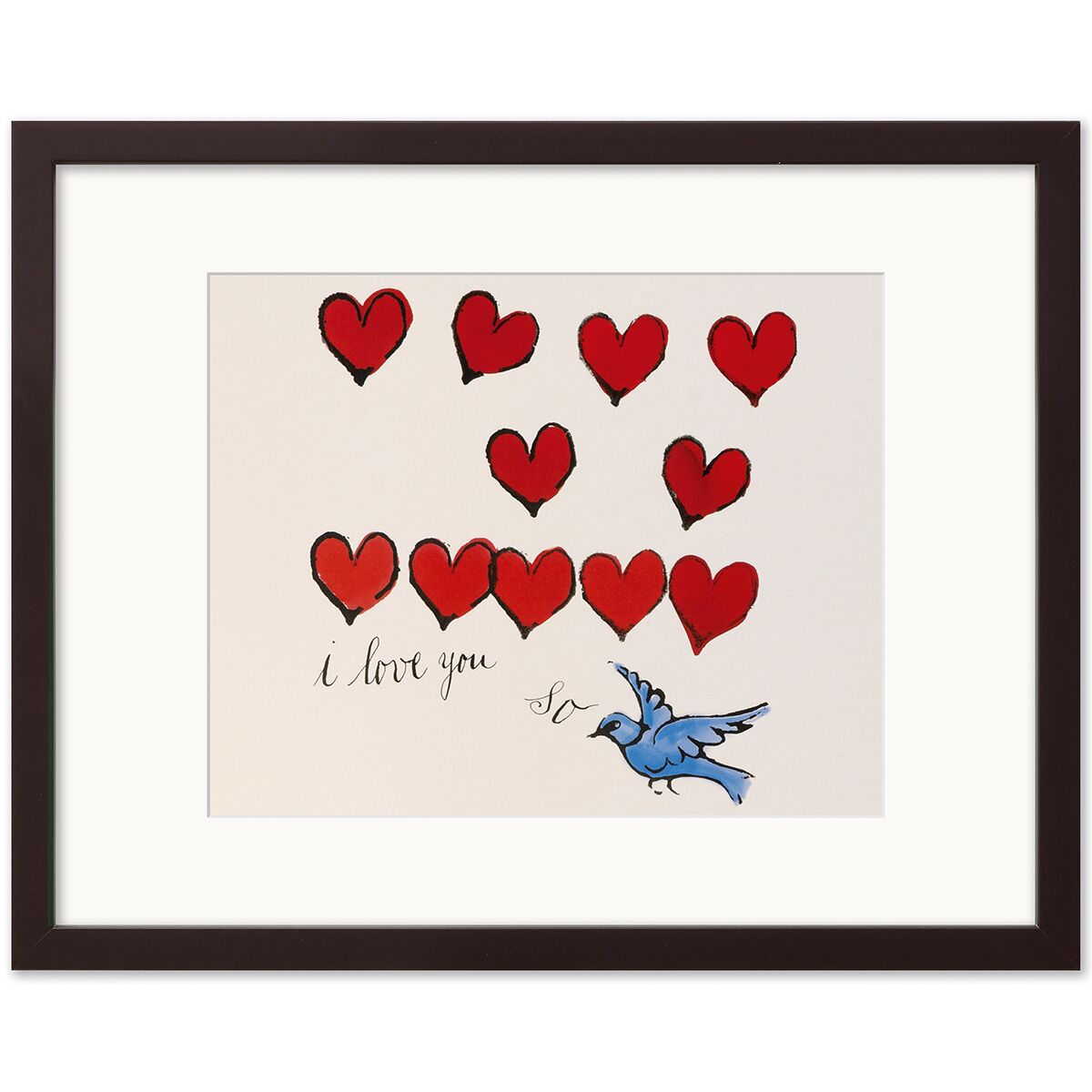 Gerahmter Kunstdruck von Andy Warhol „I love you so (Bird)“ mit zwölf roten, schwarzen Herzen, handschriftlichem Text und einem blauen Vogel auf weißem Hintergrund. Schwarzer Holzrahmen, klare Linien. Ausdrucksstarke, romantische Bildsprache.