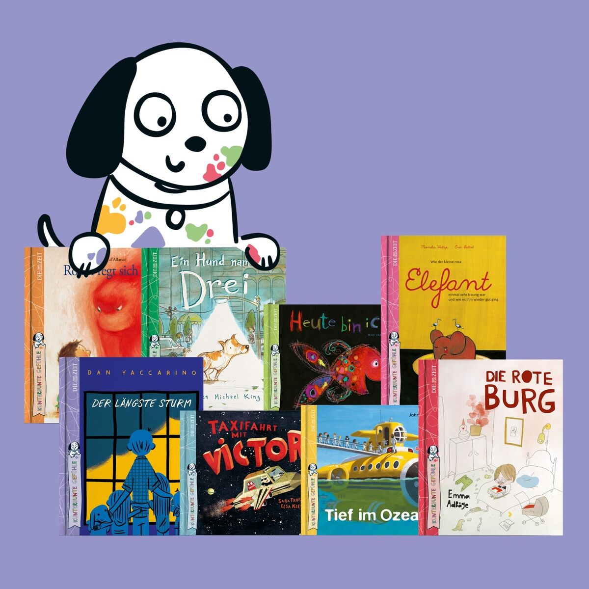 Eine Sammlung von illustrierten Kinderbüchern mit verschiedenen Titeln und bunten Covern. Ein gezeichneter Hund schaut über die Bücher.