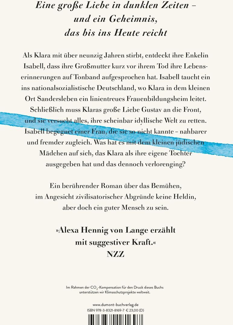 Cover des Buches 'Zwischen den Sommern' von Alexa Hennig von Lange, mit schwarzem Text auf weißem Hintergrund, einem blauen diagonalen Strich und einer kurzen Zusammenfassung des Inhalts.