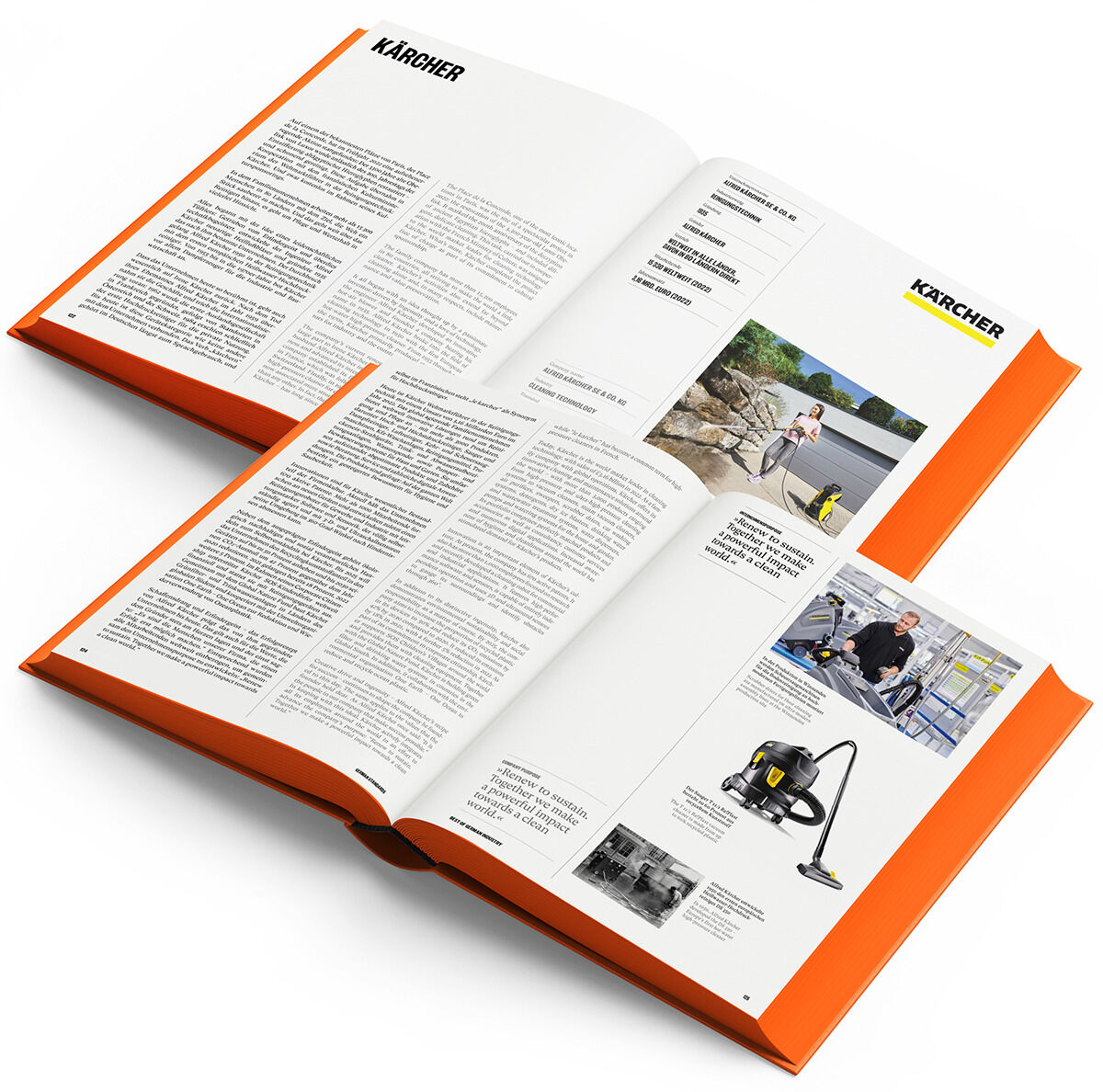 Geöffnetes Buch mit dem Titel „Best of German Industry“, das auf einer Seite ein Bild und Informationen über Kärcher zeigt. Das Buch hat orangene Umschläge und weiße Seiten mit schwarzem und orangem Text.