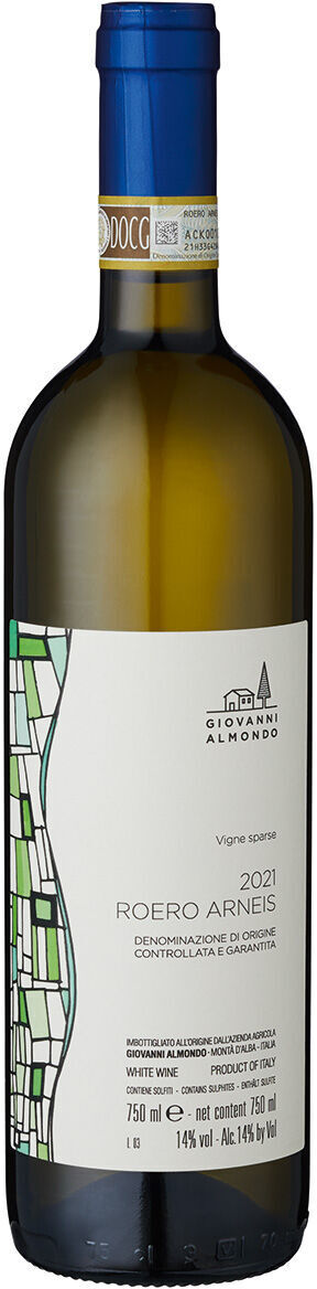 Eine Flasche Giovanni Almondo Roero Arneis 2022 Weißwein aus der Piemont-Weinedition. Die Flasche hat ein elegantes Etikett mit grünen, blauen und goldenen Details.