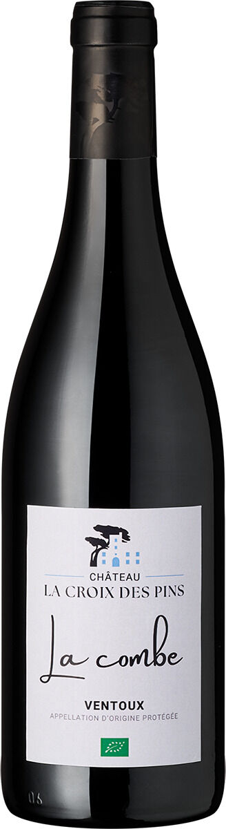 Sechs Flaschen Ventoux La Combe Rotwein von Château Croix des Pins, Bio-zertifiziert, nebeneinander aufgereiht. Die Etiketten zeigen den Namen und ein grünes Bio-Siegel, die Flaschen sind dunkel mit schwarzem Verschluss. Ideal als Geschenk oder für Feiern.