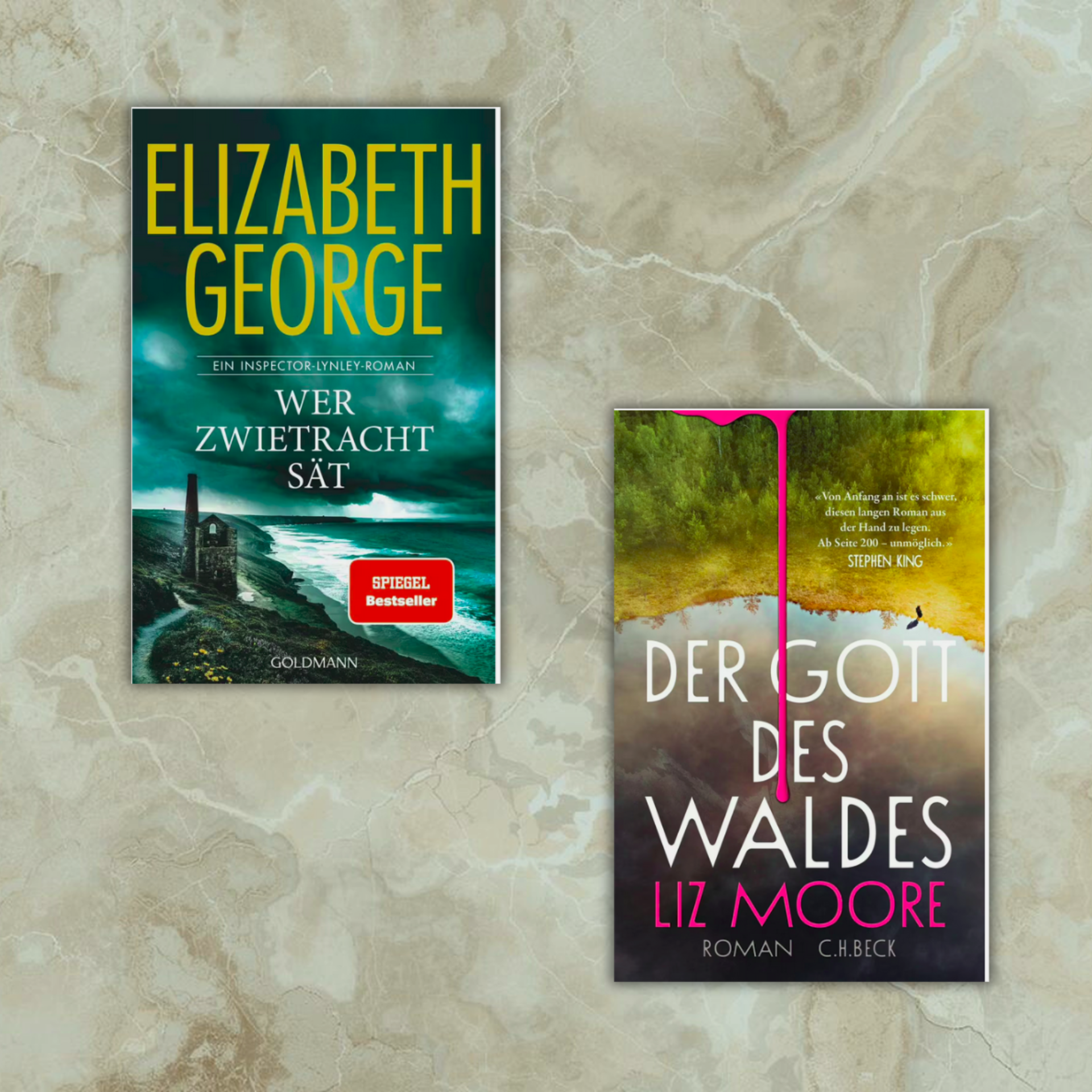 Link zur Kategorie Krimis, die auch Nicht-Krimi-Fans begeistern: Auf einem marmorierten Untergrund liegen zwei Bücher: links "Wer Zwietracht sät" von Elizabeth George mit türkisgrünem Himmel, Klippen und gelber Schrift. Rechts liegt "Der Gott des Waldes" von Liz Moore mit Waldbild, grüner, brauner und weißer Farbe sowie pinken Akzenten im Titel.