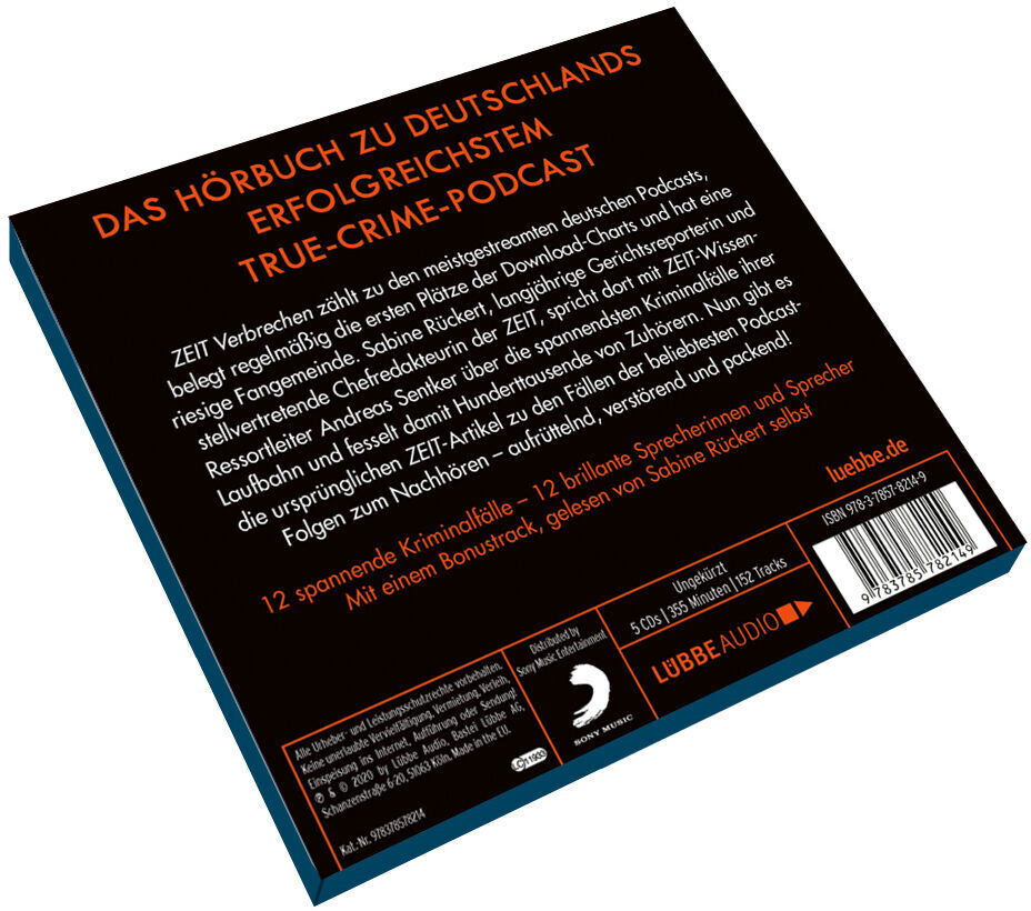 Das Bild zeigt das Hörbuch ZEIT Verbrechen von Lübbe Audio, mit einem schwarzen Cover und orange-weißer Schrift für Fans von True-Crime-Podcasts und spannenden Kriminalgeschichten.