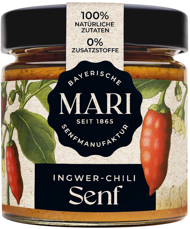 Ein Glas Ingwer-Chili Senf von Mari-Senf, Bayern. Der Senf wird aus 100% natürlichen Zutaten ohne Zusatzstoffe hergestellt. Das Etikett zeigt eine Illustration von Chilipaprika und grünen Blättern.