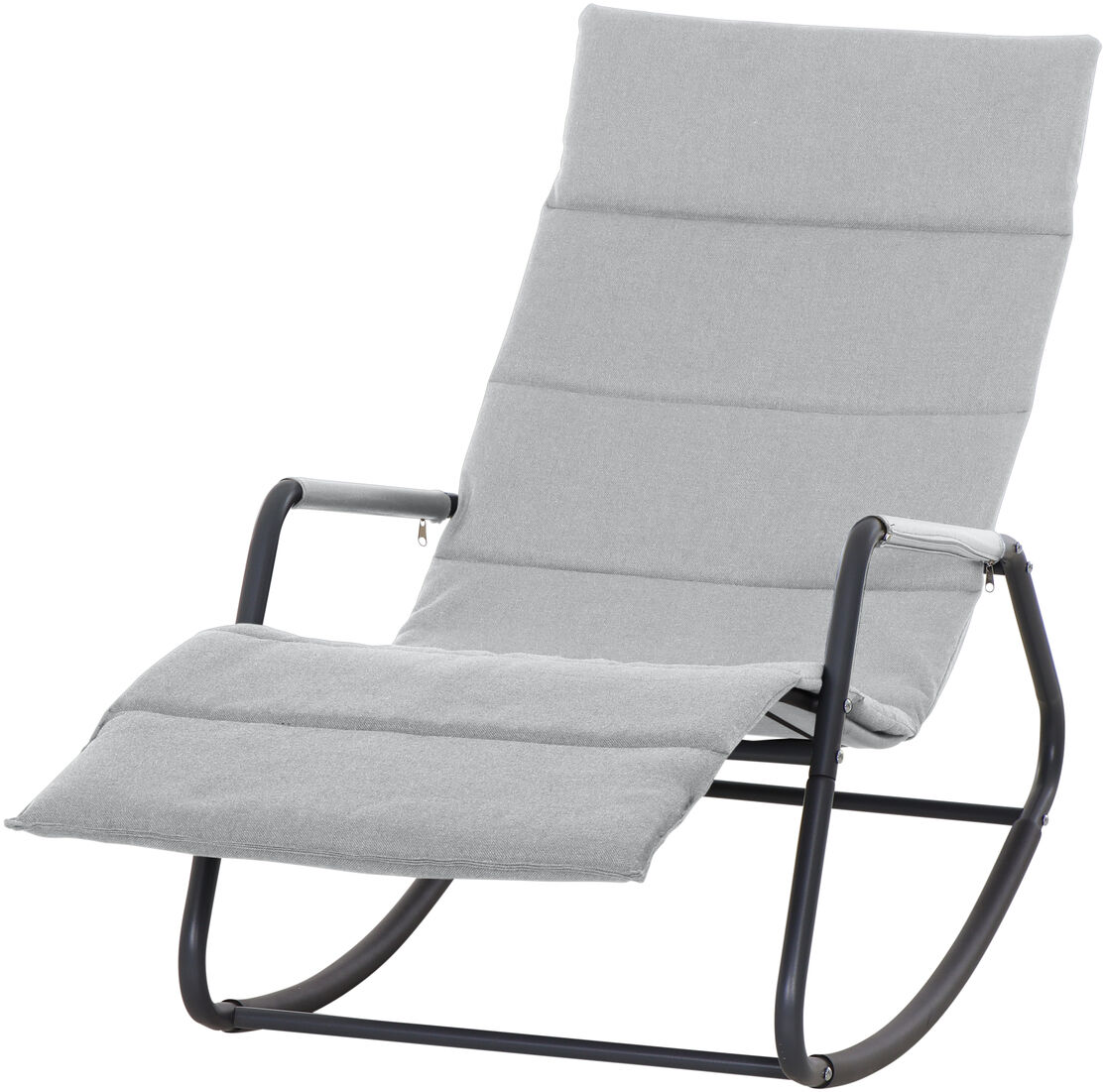 Die Abbildung zeigt eine moderne Swingliege »Aliano« in hellgrauer Polsterung mit einem schwarzen, schwingenden Metallgestell, geeignet für den Innen- und Außenbereich. Das schlichte und elegante Design unterstützt Entspannung und Komfort.