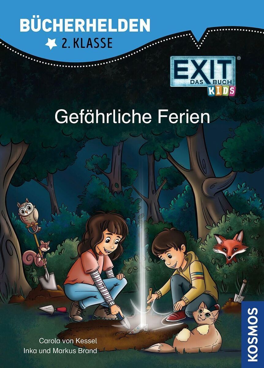 Cover des Buches 'EXIT® - Das Buch Kids, Bücherhelden 2. Klasse, Gefährliche Ferien'. Zwei Kinder sitzen in einem Wald und untersuchen mit Taschenlampe und Schaufel den Boden. Es ist Nacht, und verschiedene Tiere und Pflanzen sind im Hintergrund sichtbar. Der Titel und Autorenname sind oben auf dem Cover zu sehen.