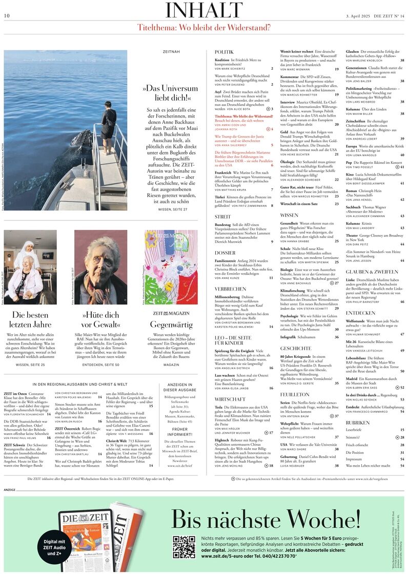 Titelseite der Zeitung 'DIE ZEIT' Ausgabe 14/2025 mit verschiedenen Artikeln, Fotos und Grafiken, darunter eine Meeresansicht und ein Porträt.