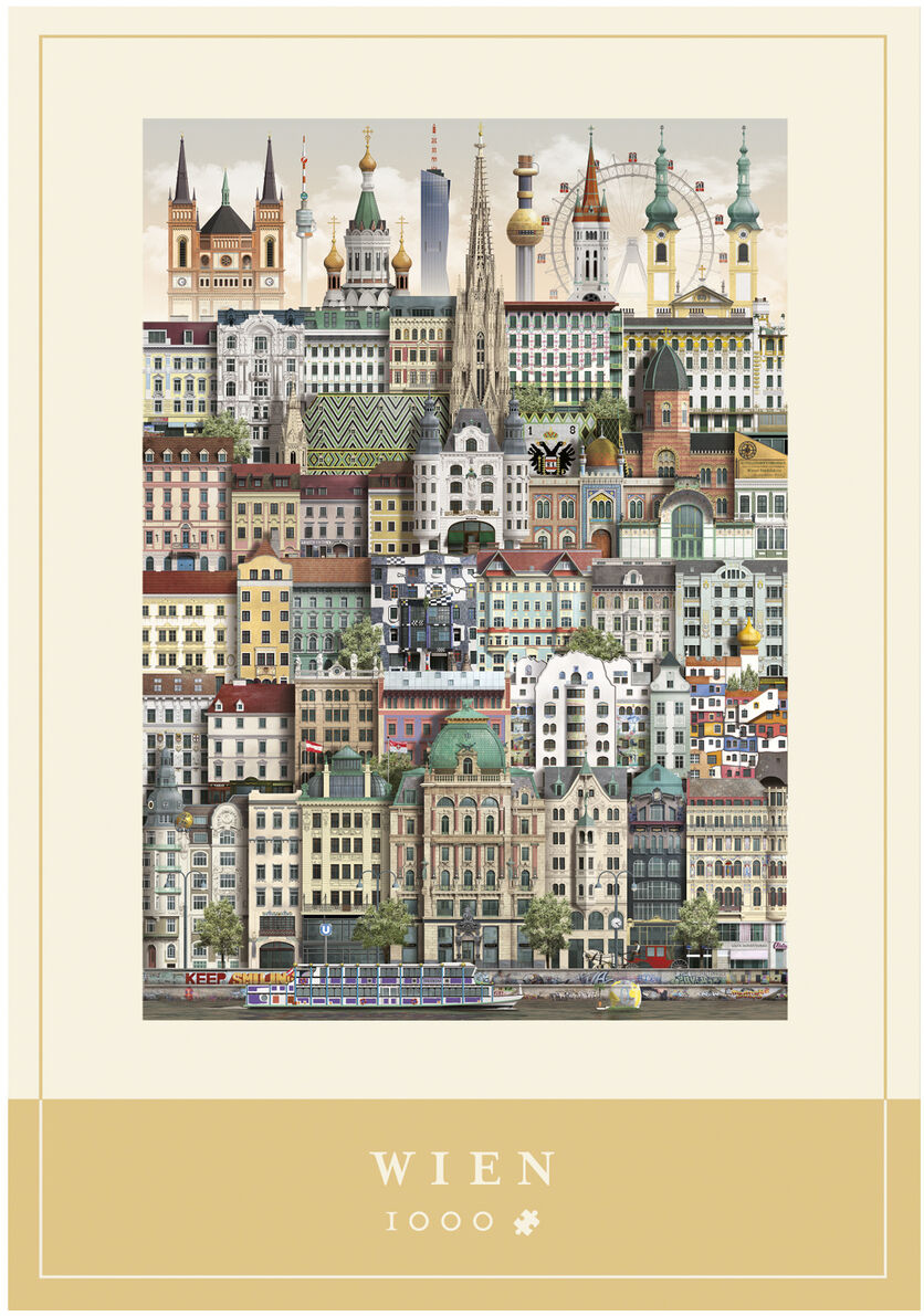 Illustration eines Wien-Puzzles mit 1000 Teilen. Das Motiv zeigt eine bunte, detailreiche Collage bekannter Wiener Sehenswürdigkeiten und Architektur im Hochformat vor beigem Rand, geeignet als Geschenk oder Freizeitbeschäftigung für Erwachsene und Familien.