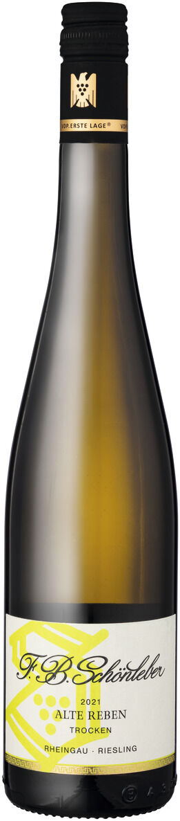 Eine Flasche ZEIT-Weinedition »Rheingau«, ein trockener Riesling-Weißwein aus Deutschland. Die Flasche hat ein grünes und weißes Etikett mit dem Schriftzug 'F.B. Schröder' und einem verschraubten schwarzen Deckel.