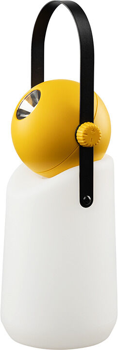 Eine moderne und tragbare Lampe namens 'Guidelight' mit einem gelben Lampenkopf, weißem Sockel und schwarzem Griff. Geeignet für Innen- und Außenbereiche.