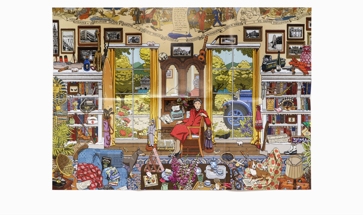 Illustration von Die Welt der Agatha Christie Puzzle zeigt ein detailreiches Wohnzimmer mit zahlreichen Büchern, Dekorationen und einem Gartenblick durch die Fenster.