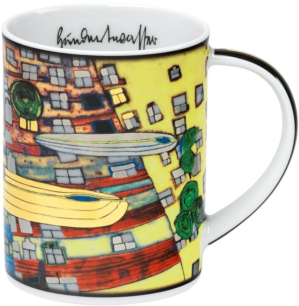 Ein bunter Becher aus einem Set von vier »Magic Mugs 2021«, designt von Hundertwasser, mit auffälligen, farbenfrohen Mustern und komplizierten Details in Gelb, Rot, Grün, Blau, Schwarz und Weiß.