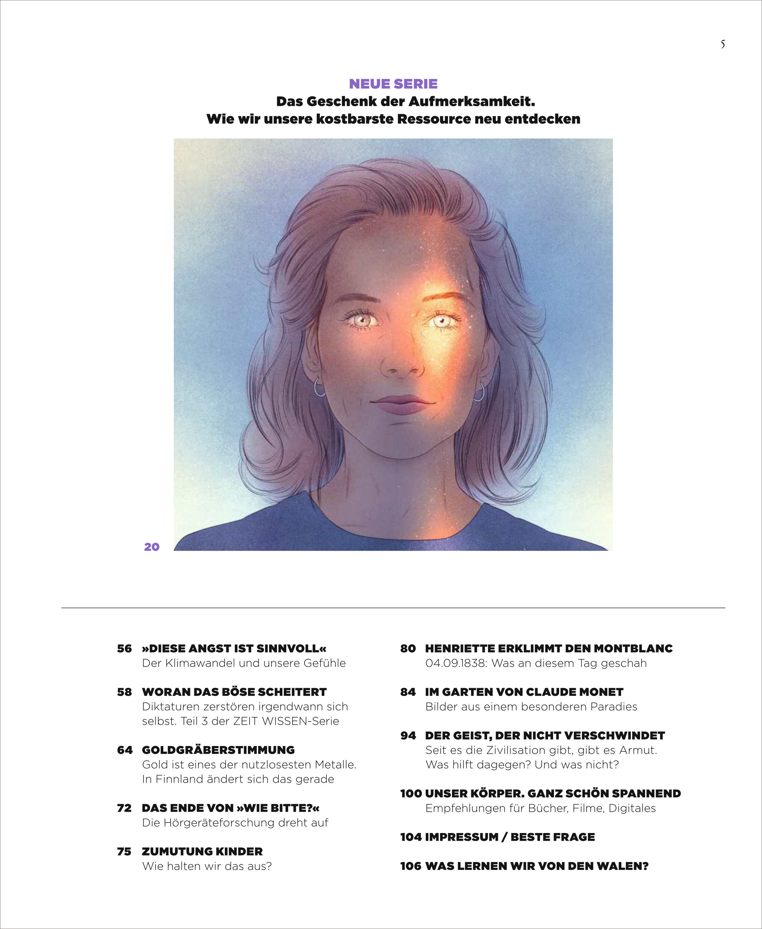 Titelseite des Magazins ZEIT WISSEN 5/25 mit einer Zeichnung eines nachdenklichen Gesichts einer Frau, auf deren Gesicht ein warmes Lichtfeld fällt. Darüber steht der Titel 'Das Geschenk der Aufmerksamkeit – Wie wir unsere kostbarste Ressource neu entdecken'. Darunter befindet sich das Inhaltsverzeichnis mit einem farbigen, modernen Design.