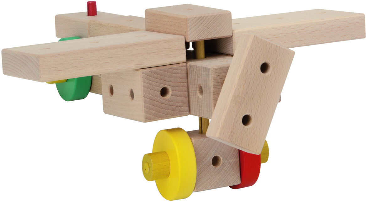 Ein 108-teiliges Holzkonstruktionsbaukasten-Set »Maker M108«, das aus verschiedenen Holzbausteinen und farbigen Schrauben besteht. Es ist ein pädagogisches Spielzeug, das kreatives Spielen und motorische Fähigkeiten fördert.