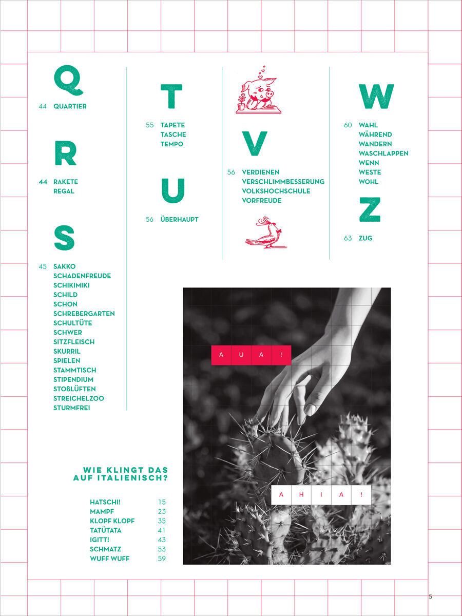 Seite eines Magazins mit einem alphabetisch sortierten Wörterverzeichnis in Türkis und Pink, zentral ein Foto einer Hand auf Kakteen, darüber die Schriftzüge 'AUA!' und 'AHIAI'. Gitterhintergrund, übersichtliches, modernes Layout, Zielgruppe: Italienisch-Lernende.