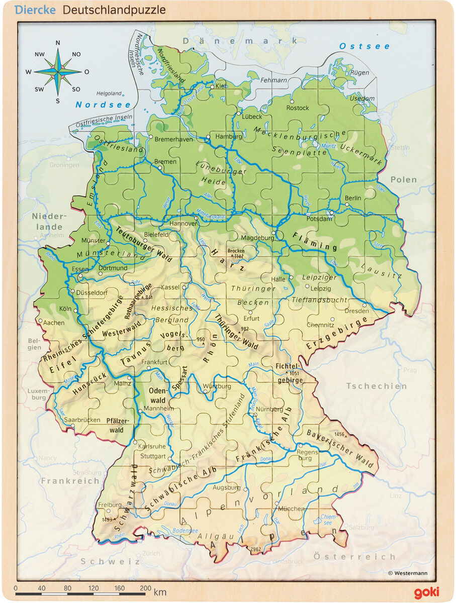 Ein Schichtenpuzzle, das eine detaillierte Landkarte von Deutschland zeigt, mit verschiedenen Bundesländern und größeren Städten markiert. Das Puzzle ist aus Holz und vermittelt geografische Kenntnisse.