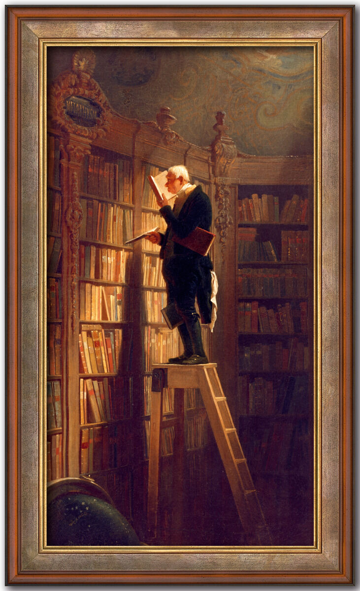 Ölgemälde von Carl Spitzweg mit dem Titel 'Der Bücherwurm' aus dem Jahr 1850. Das Bild zeigt einen Mann, der auf einer Leiter in einer Bibliothek steht und ein Buch liest. Die Szene ist in warmen Brauntönen gehalten, mit vielen Büchern im Hintergrund.