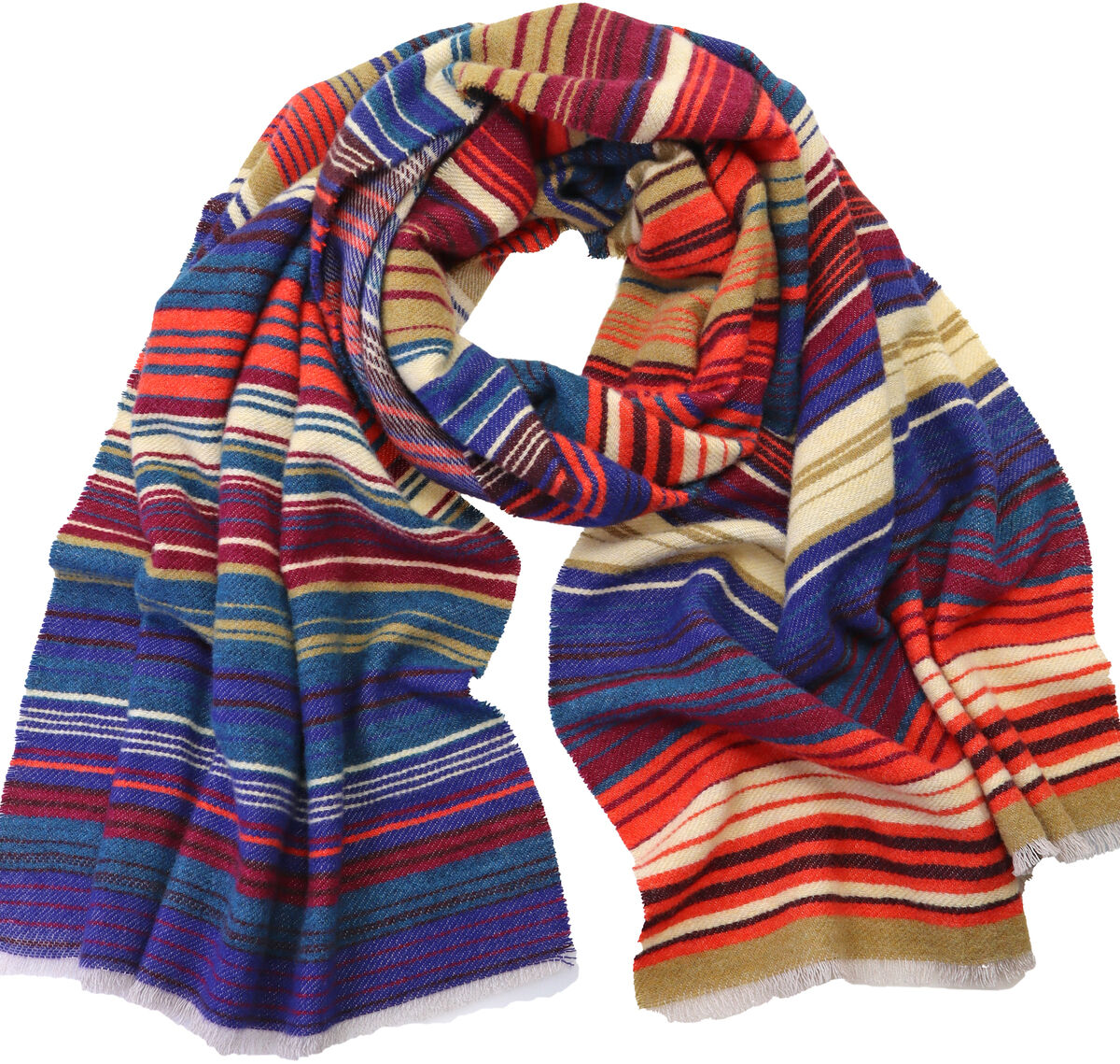 Der Wollschal »Ariana« ist großformatig ausgebreitet zu sehen und besticht durch bunte, horizontale Streifen in Rot, Blau, Violett, Beige, Gelb, Orange und Weiß. Die Oberfläche wirkt weich und leicht strukturiert, die Enden sind leicht ausgefranst.