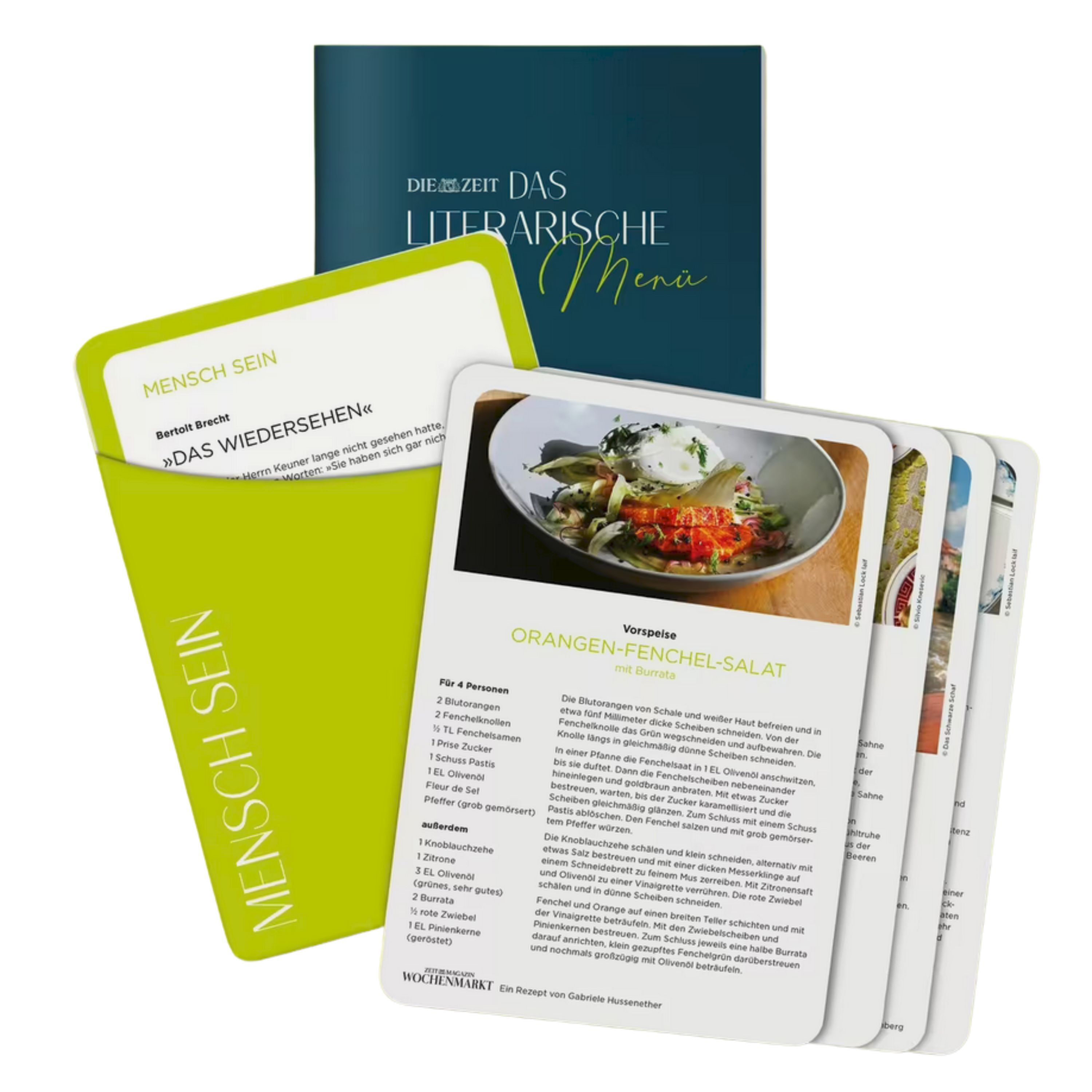Detailreich gestaltetes Set der ZEIT-Edition »Das literarische Menü« für literarische und kulinarische Abende: Mehrere Karten mit Zitaten, Diskussionsfragen und Rezepten, dazu ein grüner Umschlag mit der Aufschrift „Mensch sein“. Im Hintergrund ein dunkelblaues Begleitheft.