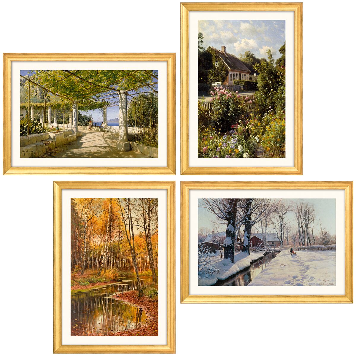 Vier gerahmte Landschaftsbilder von Peder Mork Mönsted im Set, jeweils in einem hellen Massivholzrahmen. Motive zeigen Garten im Sommerlicht, blühenden Bauerngarten, herbstlichen Wald mit Teich und verschneite Winterlandschaft. Farben und Details sind naturgetreu und fein ausgearbeitet.