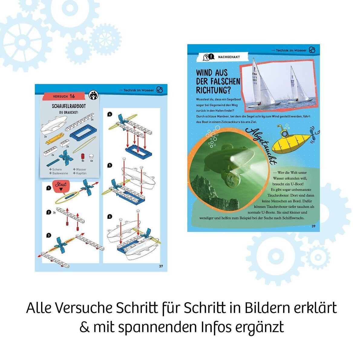 Abbildung des Produkts Mein erster Experimentierkasten Technik. Das Bild zeigt Anleitungen und Beispiele für Experimente zu Technikprojekten für Kinder, mit detaillierten Illustrationen und einer Anleitung in deutscher Sprache.