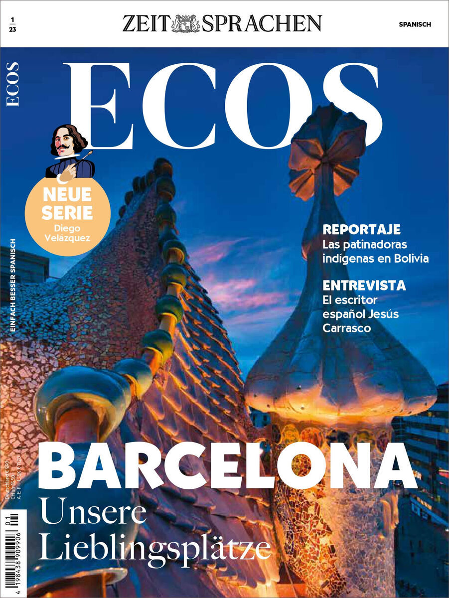 Das Titelbild der Zeitschrift 'Ecos Magazin 01/2023' zeigt eine abendliche Ansicht eines architektonischen Highlights in Barcelona mit dem Zeitschriftentitel und verschiedenen thematischen Hinweisen.