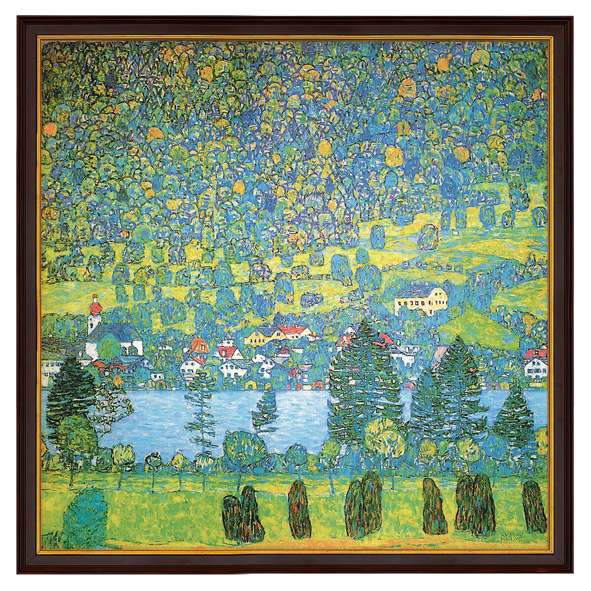 Gerahmter Kunstdruck mit dem Motiv „Waldabhang in Unterach am Attersee“ von Gustav Klimt, 1917. Das quadratische Bild (68x68 cm) zeigt einen Waldrand mit dichter Vegetation, leuchtenden Grüntönen, blauem Wasser im Hintergrund und fein abgestuften Naturfarben in Giclée-Qualität.