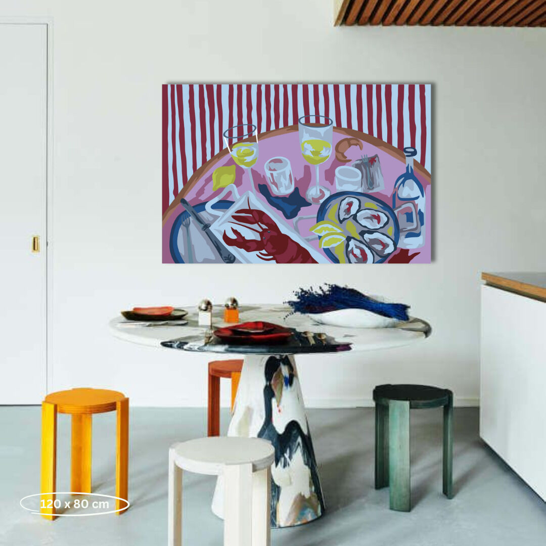 Gemälde eines gedeckten Tisches mit Austern und Weingläsern im Malen nach Zahlen Stil. Perfekt für Heimdekoration und Kunstliebhaber.