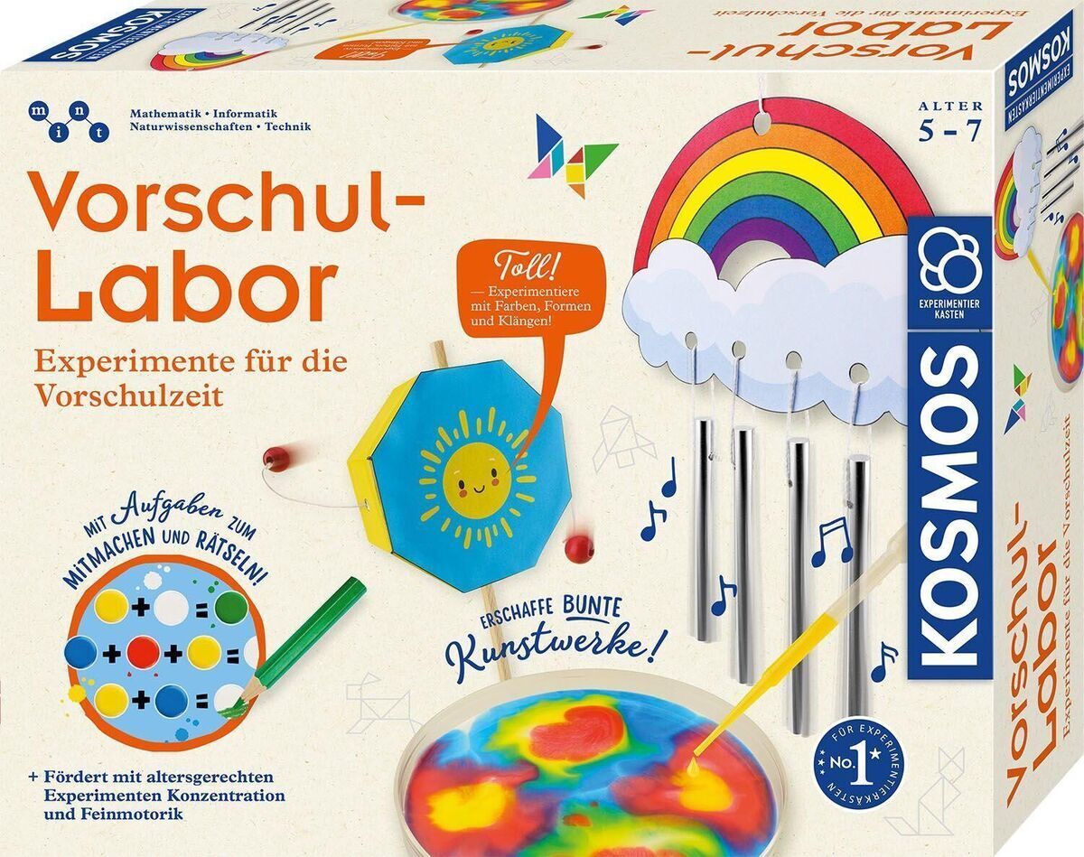 Vorschul-Labor Experimentierkasten von Kosmos, geeignet für Kinder im Alter von 5-7 Jahren. Die Verpackung zeigt verschiedene wissenschaftliche und kreative Materialien wie ein buntes Kreismuster, eine Sonnenfigur und metallische Klängelemente. Der Hintergrund der Verpackung ist weiß mit blauen, orangefarbenen und bunten Akzenten.