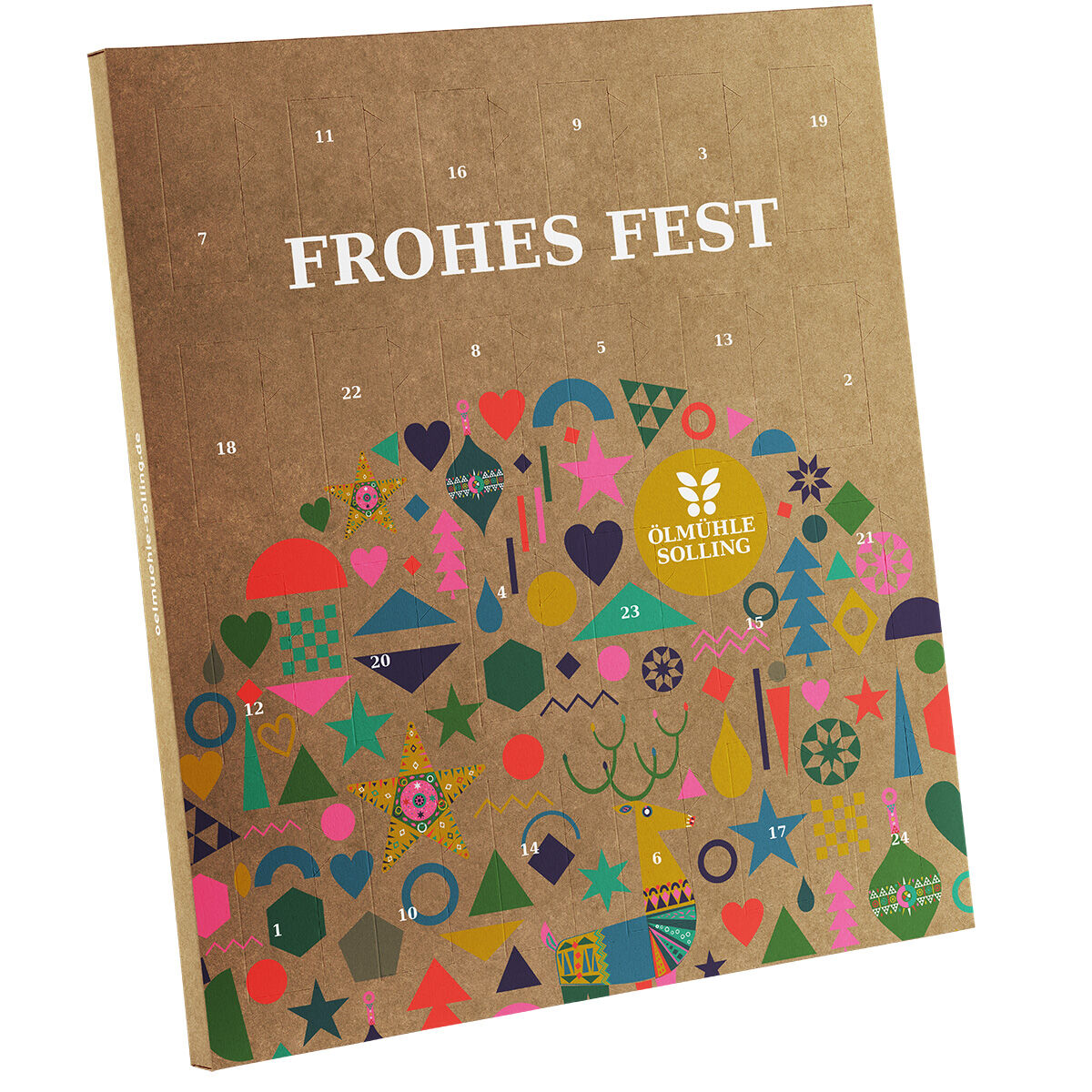 Abgebildet ist ein quadratischer Adventskalender mit braunem Hintergrund und dem weißen Schriftzug 'Frohes Fest'. Die Vorderseite ist mit vielen bunten geometrischen und weihnachtlichen Formen dekoriert. Der Kalender stammt von Ölmühle Solling und enthält nummerierte Türchen für die Adventszeit.
