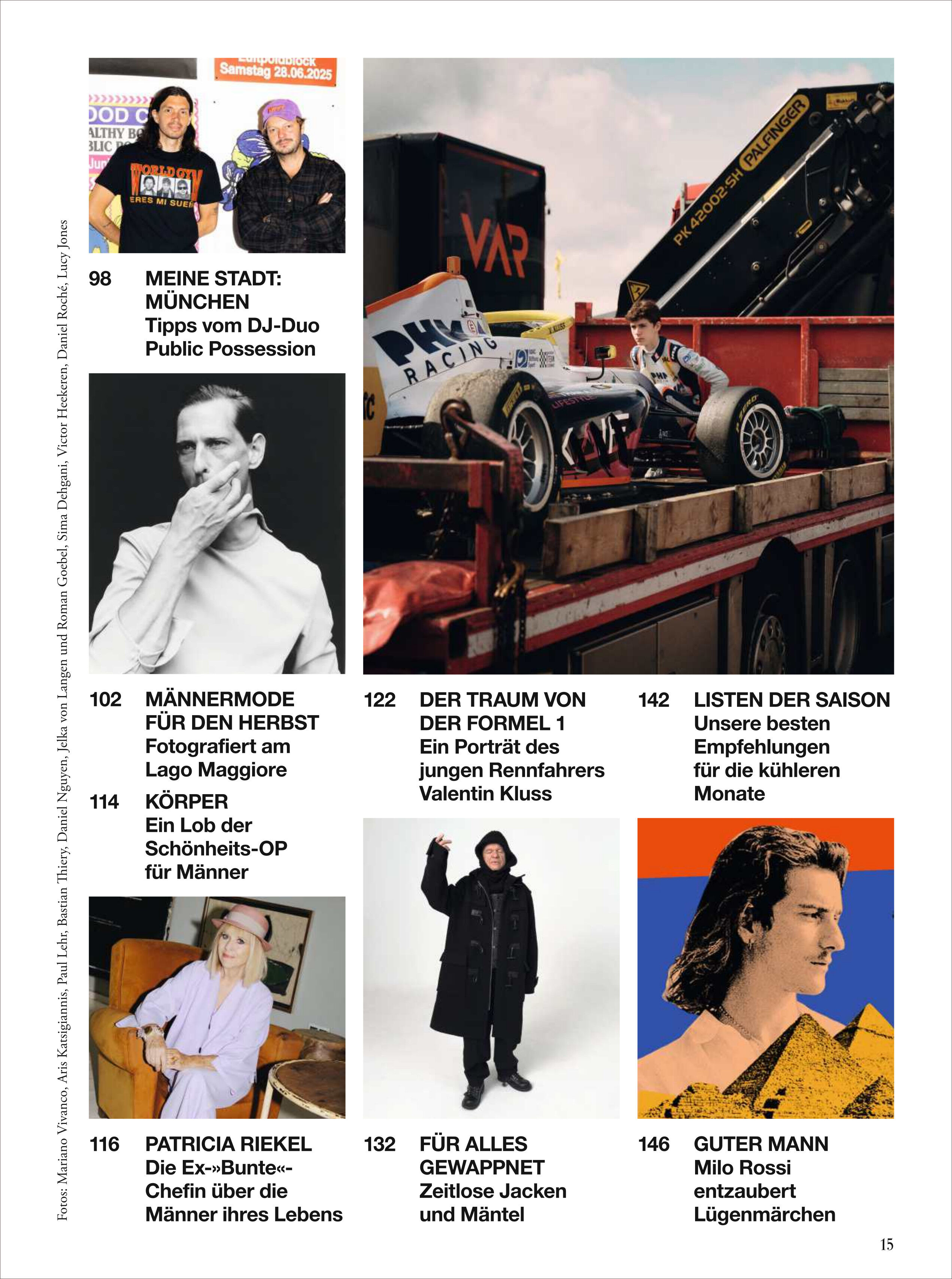 Inhaltseite einer Ausgabe des ZEITmagazin MANN 2/25 mit mehreren Bildern und Artikelauszügen zu Themen wie Männermode, Motorsport, Musik, prominenten Persönlichkeiten und Empfehlungen für Herren; prominentes Highlight ist Michael Stipe. Das Layout ist farbenfroh mit weißen, schwarzen, orangen, gelben, blauen, beigen und roten Akzenten gehalten.