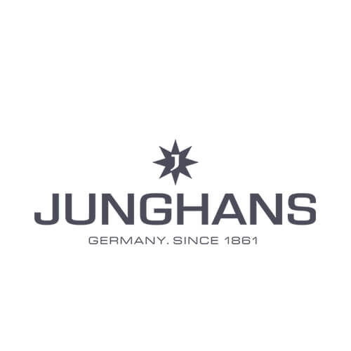 Logo der 1861 gegründeten deutschen Uhrenmanufaktur Junghans mit stilisiertem Sternsymbol und fetter Schrift.