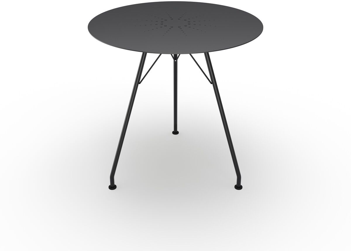 Ein runder Couchtisch namens „CIRCUM“ mit einer schwarzen Platte und schlanken metallischen Beinen, präsentiert auf einem hellen Hintergrund. Der Tisch hat ein minimalistisches und modernes Design.