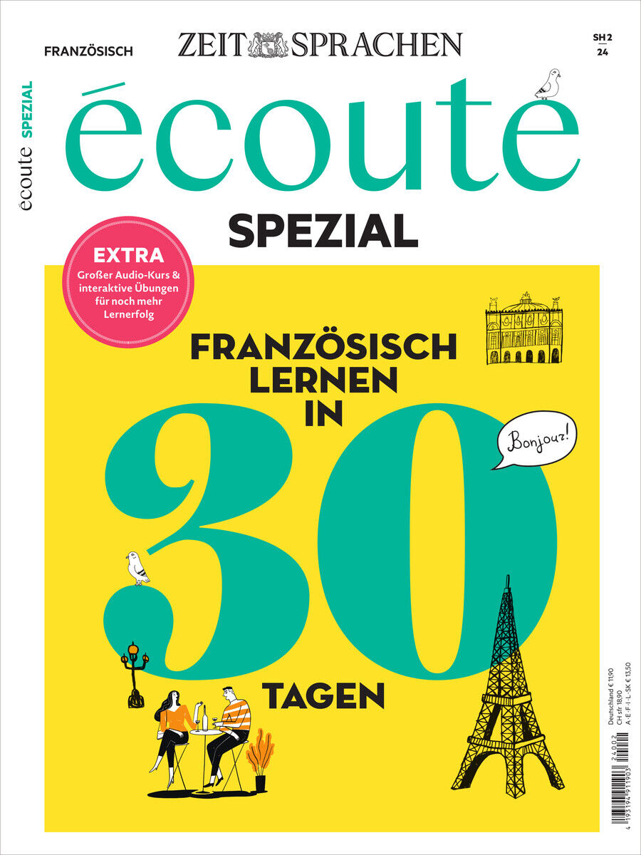 Cover des Écoute Magazins 12/2024 Sonderausgabe. Das Cover ist gelb mit grüner Schrift und zeigt Illustrationen wie den Eiffelturm. Es fokussiert sich auf das Erlernen der französischen Sprache in 30 Tagen, mit zusätzlichen Audio- und Übungsmaterialien.