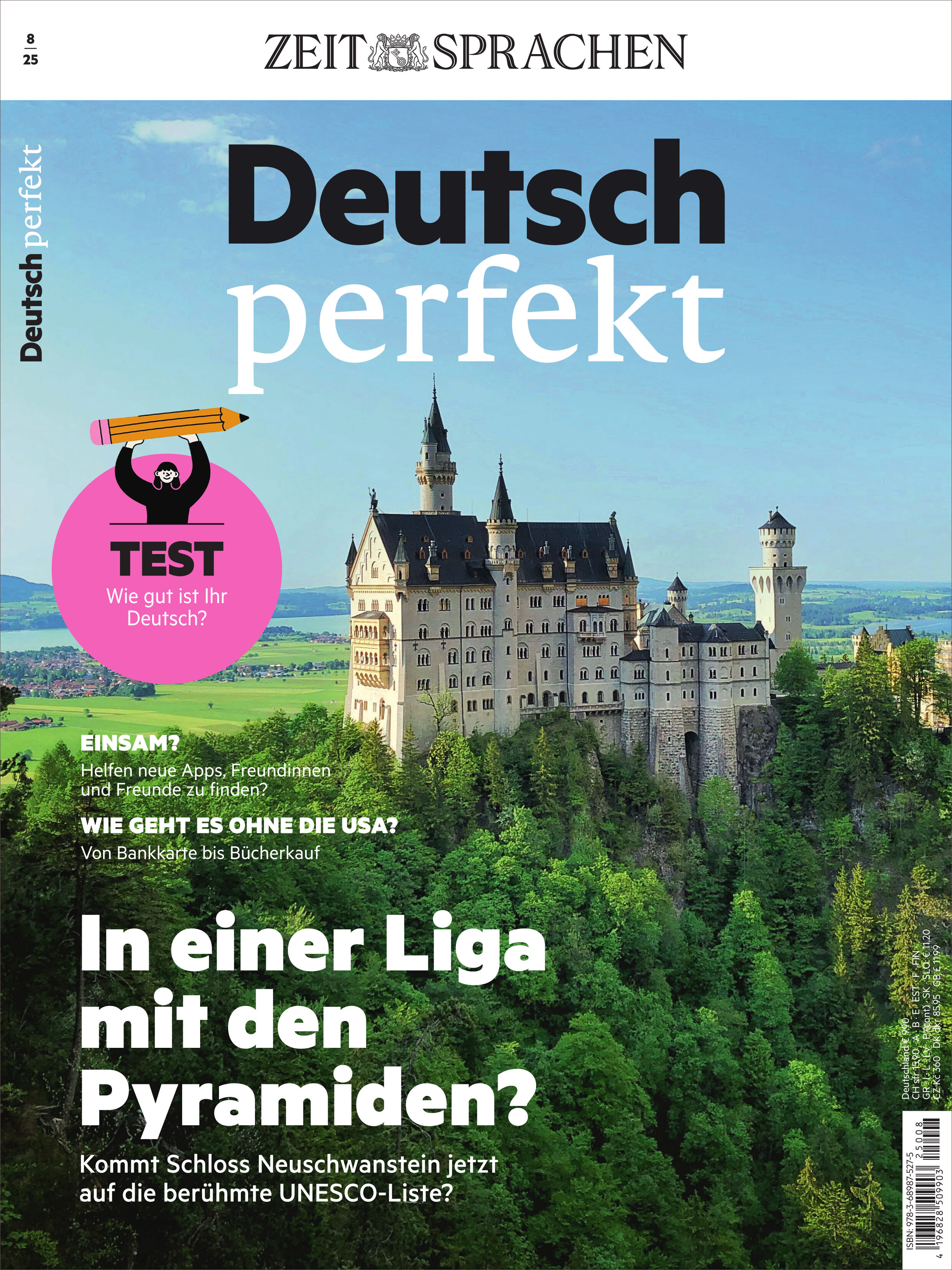 Titelbild der Ausgabe 8/2025 der Zeitschrift 'Deutsch perfekt' mit dem Schloss Neuschwanstein vor bewaldeter Landschaft, mehreren Überschriften und einem Testhinweis zur Überprüfung von Deutschkenntnissen. Die Farbgestaltung umfasst hauptsächlich Grün-, Blau- und Grautöne.